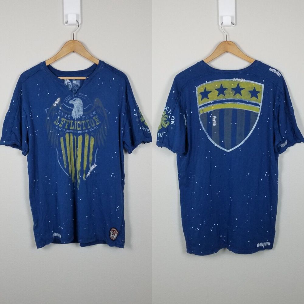 Affliction Y2K Moto Tattoo Blue Eagle Graphic Distressed Slim Cotton Tee Sz 2XL